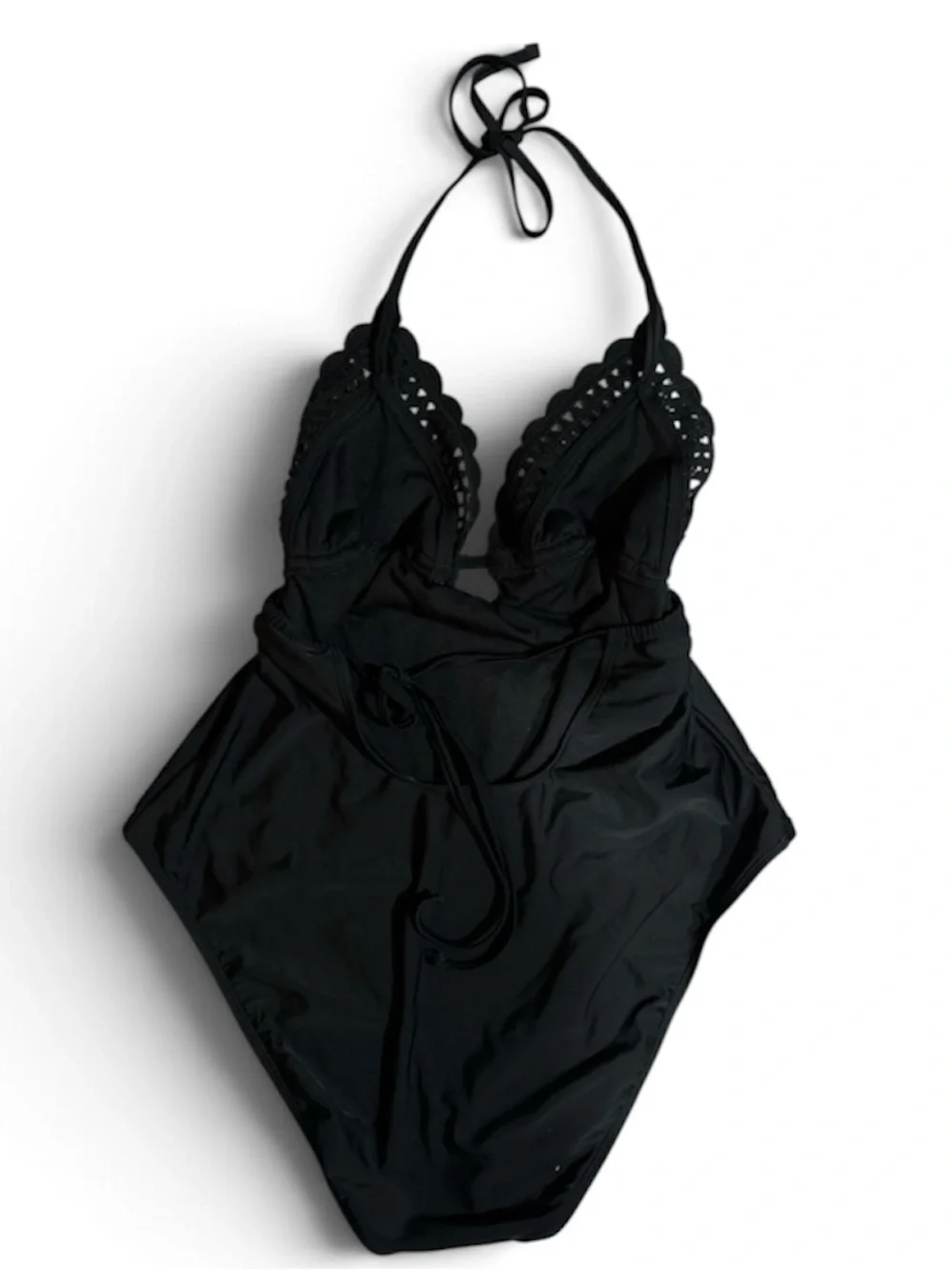 Black Crochet-Trim Halter One-Piece Swimsuit